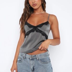 White Fox Boutique Gray Satin Lace Trim Cami Tank Top